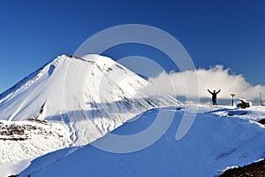 Mount Doom in the snow, winter landscape in Tongariro national park