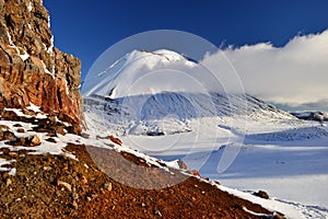 Mount Doom in the snow, winter landscape in Tongariro national park