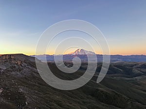 Mount Elbrus from Bermamyt Plateau at blue dawn