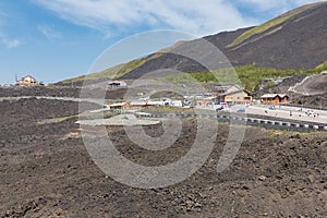 Mount Etna with car parking for tourists visiting the vulcano, Sicily