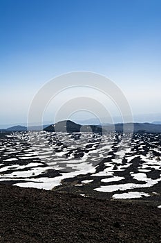 Mount Etna peak with snow and volcanic rocks, Sicily, Italy