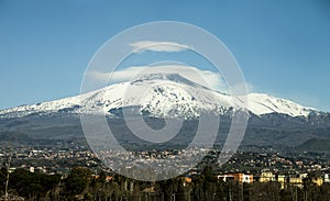 Mount Etna with snow-covered peak. Panoramic photo.