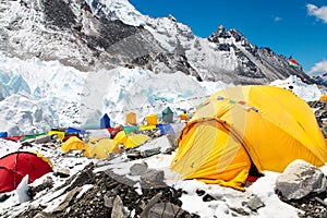 Mount Everest base camp, tents, Khumbu glacier and mountains, sagarmatha national park, trek to Everest base camp -