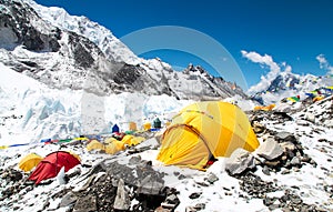 Mount Everest base camp, tents, Khumbu glacier and mountains, sagarmatha national park, trek to Everest base camp -