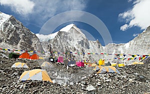 Mount Everest base camp, tents and prayer flags