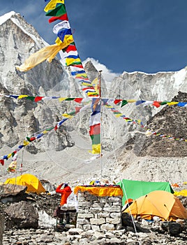 Mount Everest base camp, tents and prayer flags