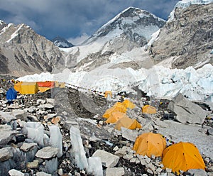 Mount Everest base camp yellow tents and prayer flags