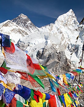 Mount Everest with buddhist prayer flags