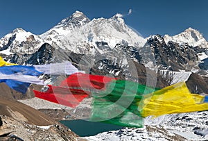 Mount Everest with buddhist prayer flags