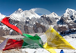 Mount Everest with buddhist prayer flags