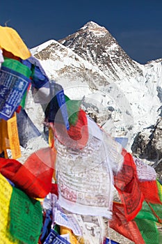 Mount Everest with buddhist prayer flags