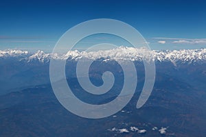 Mount Everest landscape viewed from aircraft window
