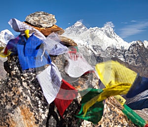 Mount Everest and Lhotse  with buddhist prayer flags