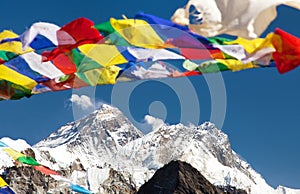 Mount Everest and Lhotse with buddhist prayer flags