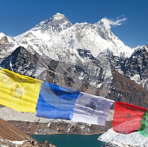 Mount Everest and Lhotse with buddhist prayer flags