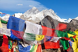 Mount Everest Lhotse buddhist prayer flags Himalayas