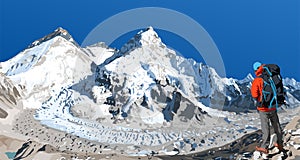 mount Everest Lhotse and Nuptse with hiker