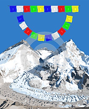 mount Everest Lhotse and Nuptse with prayer flags