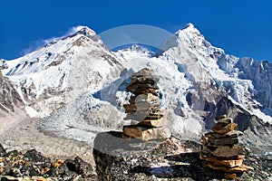 Mount Everest, Lhotse and Nuptse with stone pyramids