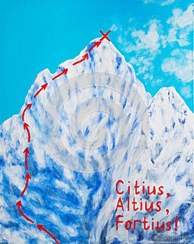 Mount Everest and the motto of the olympic games. Acrylic painting on canvas.