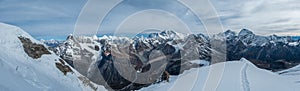 Mount Everest, Nuptse, Lhotse with South Face wall, Makalu, Chamlang beautiful panoramic shot of a High Himalayas from Mera peak