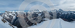 Mount Everest, Nuptse, Lhotse with South Face wall, Makalu, Chamlang beautiful panoramic shot of a High Himalayas from Mera peak