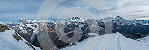 Mount Everest, Nuptse, Lhotse with South Face wall, Makalu, Chamlang beautiful panoramic shot of a High Himalayas from Mera peak