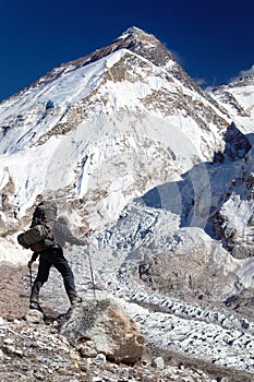 Mount Everest from Pumo Ri base camp with tourist