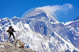 Mount Everest seen from Kongde village with tourist