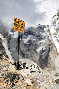 Mount Everest signpost in Himalayas Nepal.