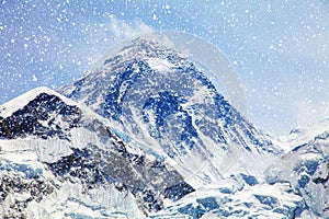 Mount Everest with snowfall from Kala Patthar