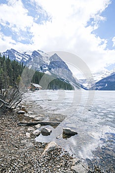 Mount fairview, partly frozen lake, Lake Louise Banff National Park, Alberta Canada