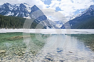 Mount fairview, partly frozen lake, Lake Louise Banff National Park, Alberta Canada