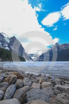 Mount fairview, partly frozen lake, Lake Louise Banff National Park, Alberta Canada