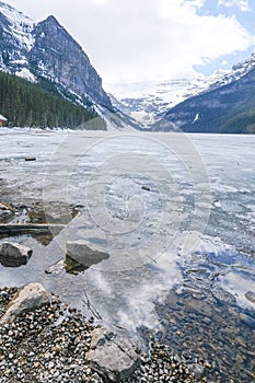 Mount fairview, partly frozen lake, Lake Louise Banff National Park, Alberta Canada