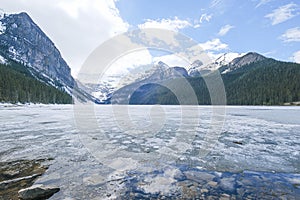 Mount fairview, partly frozen lake, Lake Louise Banff National Park, Alberta Canada