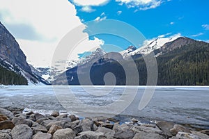 Mount fairview, partly frozen lake, Lake Louise Banff National Park, Alberta Canada