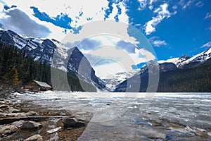 Mount fairview, partly frozen lake, Lake Louise Banff National Park, Alberta Canada