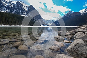 Mount fairview, partly frozen lake, Lake Louise Banff National Park, Alberta Canada