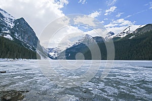 Mount fairview, partly frozen lake, Lake Louise Banff National Park, Alberta Canada