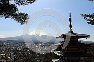 Mount Fuji as seen from Chureito Pagoda. When religion meets nat