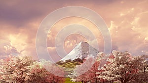 Mount Fuji and blooming sakura cherry trees 3D