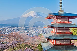 Mount Fuji and Chureito Pagoda with cherry blossom sakura in spring season