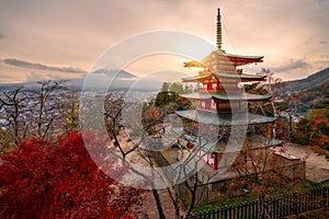 Mount Fuji and Chureito Pagoda at sunrise in autumn, Japan