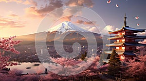 Mount Fuji and Chureito pagoda at sunset, japan in the spring with cherry blossoms. Mountain Fuji. Generetive Ai