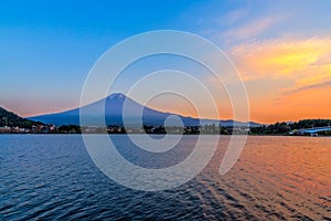 Mount Fuji in clear weather at Lake kawaguchiko during sunset, Y