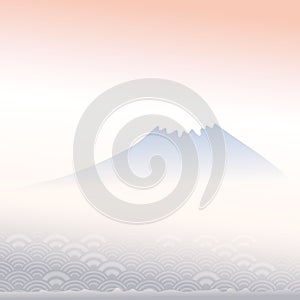 Mount Fuji, dawn, fog, mountain landscape, blue grey pink colors card banner design for text abstract scales simple Nature