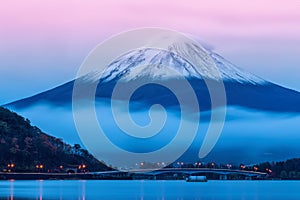 Mount Fuji at dusk near Lake Kawaguchi in Yamanashi Prefecture,