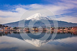 Mount Fuji at dusk near Lake Kawaguchi in Yamanashi Prefecture, Japan