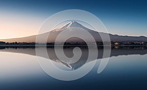 Mount Fuji in the early morning with reflection on the lake kawaguchiko